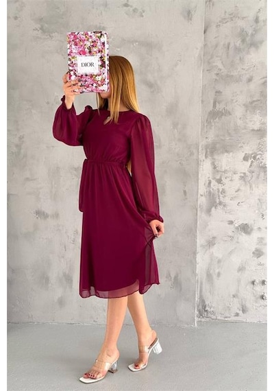 Dipmoda Kadın Bordo Midi Boy Astarlı Şifon Elbise Dpkklf2027 Bordo