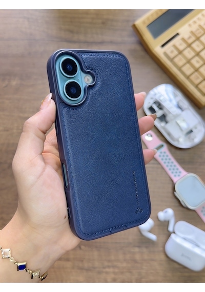 Apple iPhone 16 Uyumlu Premium Deri Dokulu Darbelere Karşı Dayanıklı Nazal Silikon Kılıf Lacivert