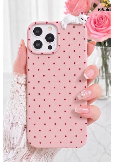 Fibaks iPhone 14 Pro Max Uyumlu Kılıf 3d Kedi Pembe Puantiye Noktalı Figürlü Kamera Korumalı Silikon