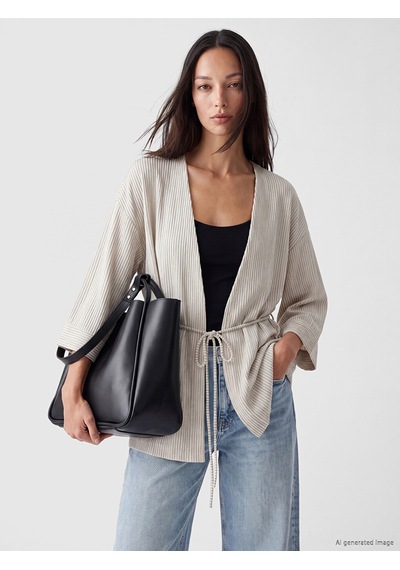 Lcw Studıo Bej Şal Yaka Çizgili Kuşaklı Kadın Kimono