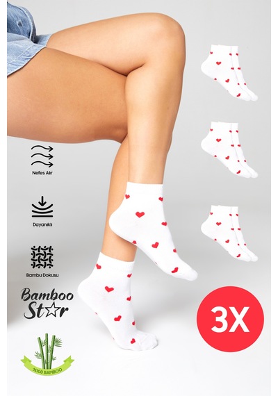 Bamboo Star Bambu Kadın Beyaz Yarım Konç Dikişsiz Kalpli Beyaz Çorap 3lü Premium Paket Çok Renkli