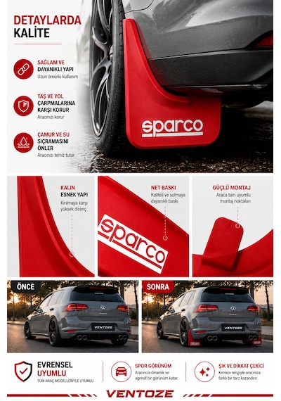 Sparco Universal Esnek Arka Paçalık Seti 2li Çamurluk Tozluğu Kırmızı Beyaz & Kırmızı
