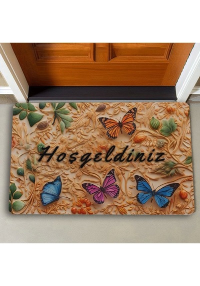 Valerine Life Ahşap Oyma Temalı Kelebekli Hoş Geldiniz Kapı Önü Paspası 45x70cm