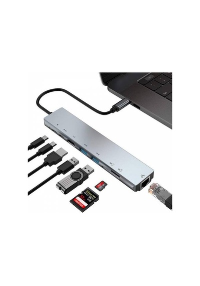 Coofbe 8 Port Type-C HDMI 3xUSB + 2 PD Ethernet RJ45 TF SD Kart Hub Adaptör Çoklayıcı