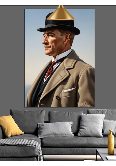 Şapkalı Atatürk Portresi Dekoratif Kanvas - Mdf Ahşap Tablo