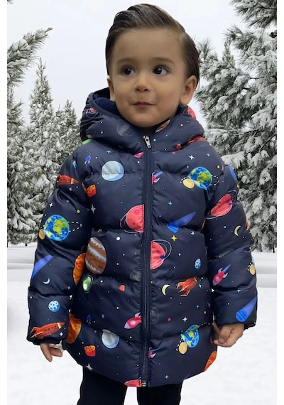 Freemen Erkek Çocuk Polarlı Kapüşonlu Gezegen Yıldız Desenli Kışlık Şişme Mont & Kaban & Parka Siyah