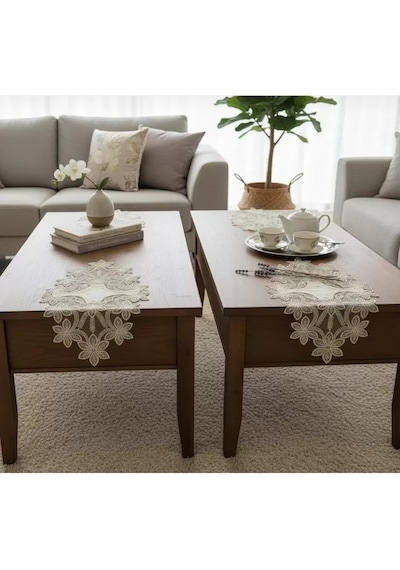 Salon Takımı 5 Parça Dantelli Keten Masa Örtüsü Runner Seti Çeyizlik Selena Model Krem Çok Renkli