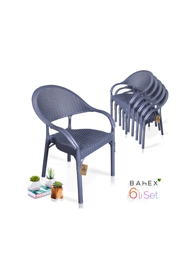 Bahex Bambu 6lı Set Rattan Bahçe Sandalye 6ad Koltuk Antrasit