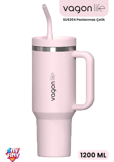 Tumbler Quencher Cup 1200 Ml Pipetli Rahat İçim Kulplu Sus304 Paslanmaz Çelik 1.2l Termos 1103-1200ml Pudra