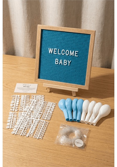 Hastane Odası Süsleme Hoş Geldin Bebek İlk Gün Mini Set Erkek Mavi Keçe Yazı Panosu Standlı Balon Zincirli