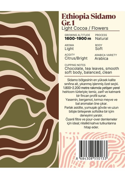Ethiopia Sidamo Gr.1 Yöresel Filtre Kahve 250 Gr. Çekirdek Kahve