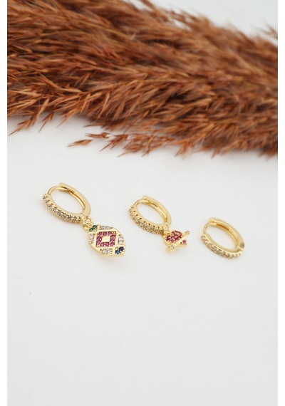 Kadın Kararmaz Altın Kaplama Vintage 3'Lü Zirkon Set Küpe Altın-M Altın