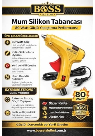 Boss 80 Watt Silikon Tabancası, Kalın 11 Mm Silikon Çubuk Uyumlu, Güçlü Ve Hızlı Yapıştırma Performansı, Yer