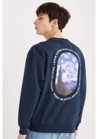 DeFacto Van Gogh Boxy Fit Bisiklet Yaka Sırt Baskılı Sweatshirt E3203AX24WNNV71 Lacivert