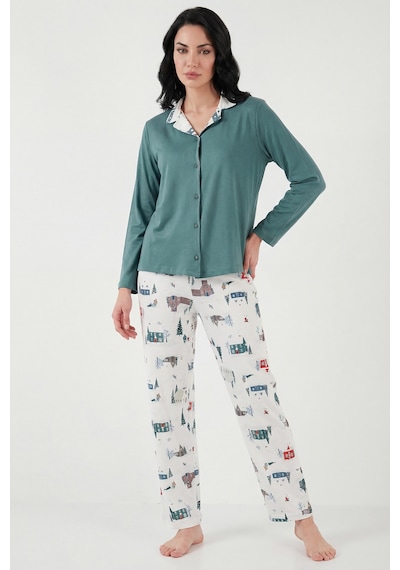 Lela Desenli Regular Fit Apaş Yaka Beli Lastikli Bol Paça Bayan Pijama Takımı 65714300 Yeşil