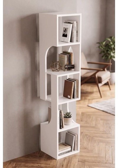Falez Kitaplık Ahşap Dekoratif Raf 5 Katlı Modern Çok Amaçlı Kitaplık Salon Ofis Kitaplığı - Beyaz 7067 Diğer
