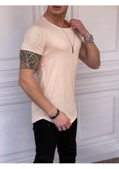 Modefendi Slim Fit Oval Kesim Pamuk Basic Tshırt Somon