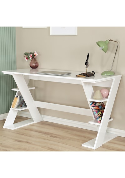 Pasific Home Lungo Raflı Çalışma Masası, Ofis Masası, 60X140 Cm, Parlak Beyaz