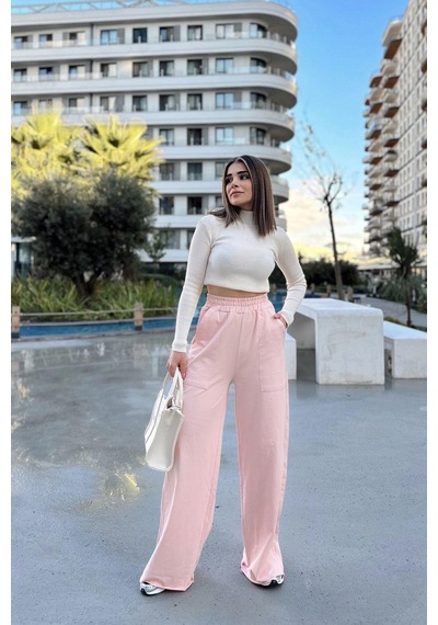 Kadın Pudra Beli Lastikli, Cepli, Bol Paça, Salaş Pantolon Pudra