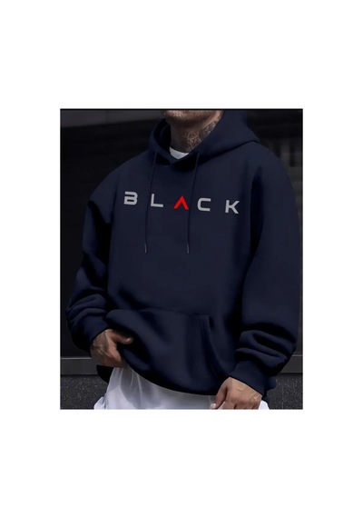 Herkesemoda Black Yazı Detaylı İçi Polarlı Kapüşonlu Sweatshirt Lacivert