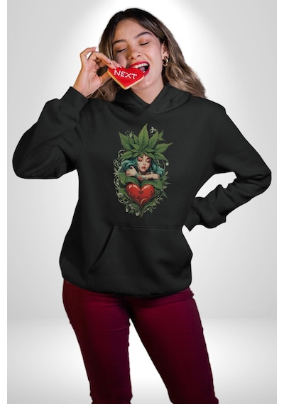 Kalp Parmak Kız Yeşillik Mutluluk Kadın Erkek Siyah Kapüşonlu Sweatshirt Hoodie Siyah