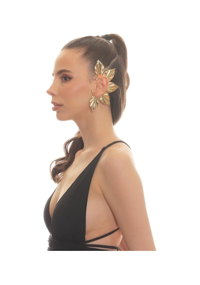 Kadın Altın Renk Lak Kaplama Zirkon Taşlı Yaprak Stilizesi Sol Kulak Earcuff&kıkırdak Küpe Çok Renkli