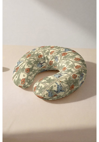 Vintage Çiçekli Kuşlu Ergonomik Boyun Yastığı - Doğal Krem Turuncu Yumuşak Seyahat Yastığı Çok Renkli