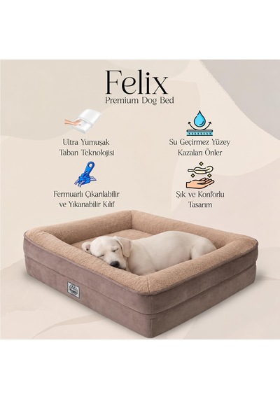 Felix Köpek Yatağı Kahverengi Büyük 55x75 Cm, Visco Sünger,%100 Su Geçirmez Alez, Çıkarılabilir Yıkanabilir Kılıf, Kaydırmaz Taban, Teddy Dokulu Kedi & Köpek Minderi