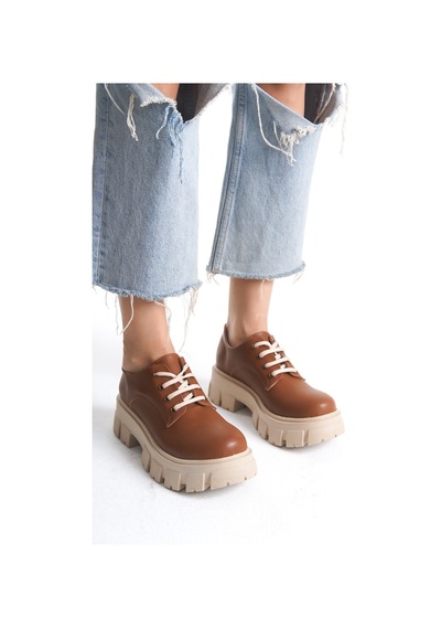 Akınabella Kalın Tabanlı Bağcıklı Loafer Ayakkabı Taba Taba