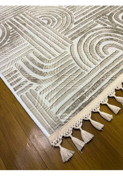Kaymaz Taban Krem Bej Modern Desenli Yıkanabilir Saçaklı Salon Oturma Odası Mutfak Halı Yolluk