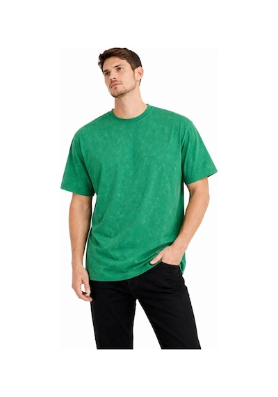 Erkek Asit Yıkama Bisiklet Yaka Kısa Kollu Oversize T-shirt Tişört - Yeşil