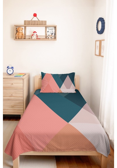 Geometrik Pembe Genç Odası Tek Kişilik Pike Takımı - Petrol Ekru 160x220 Cm Kapitone Yatak Örtüsü Kabuğu Kil Solgunluğu