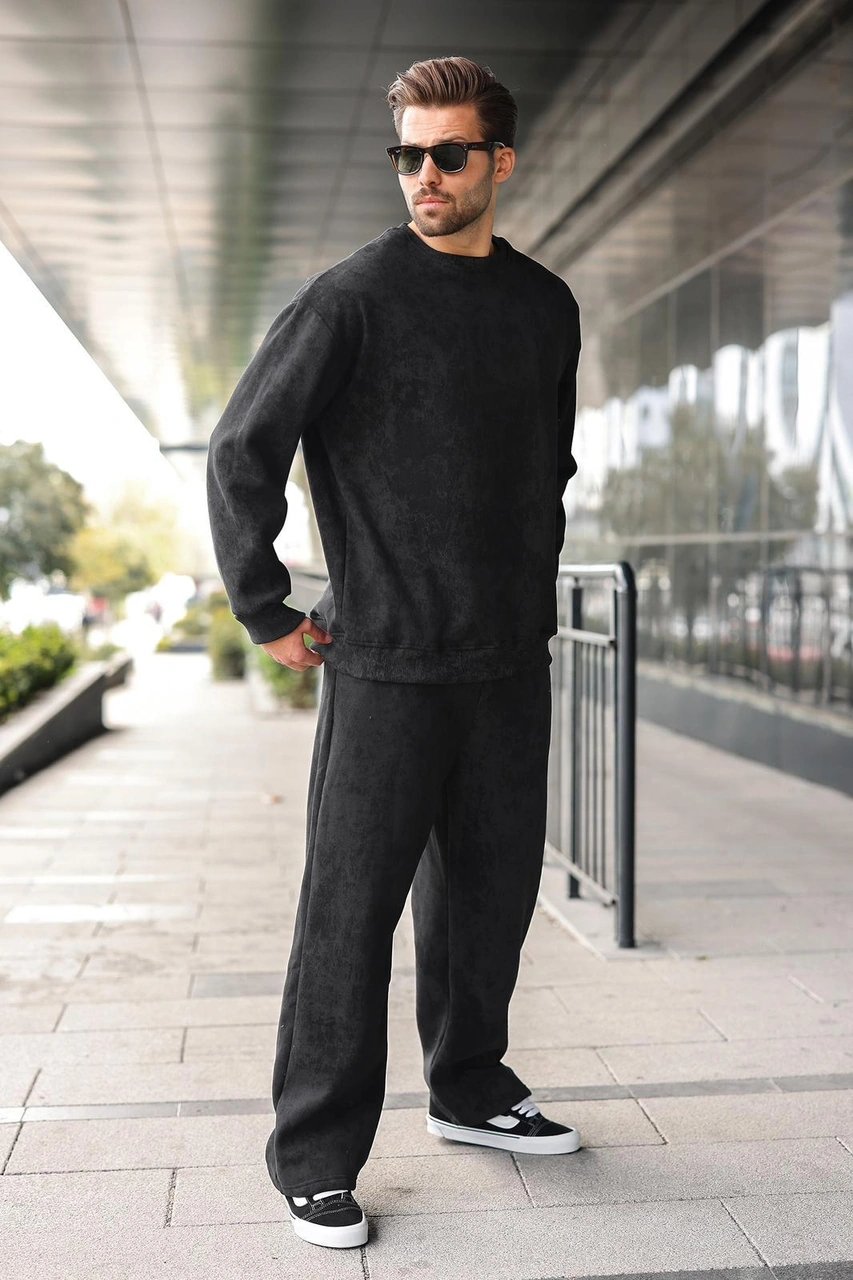 Madmext Siyah Bisiklet Yaka Batik Desenli Erkek Sweatshirt Pantolon Takım E7344 Siyah