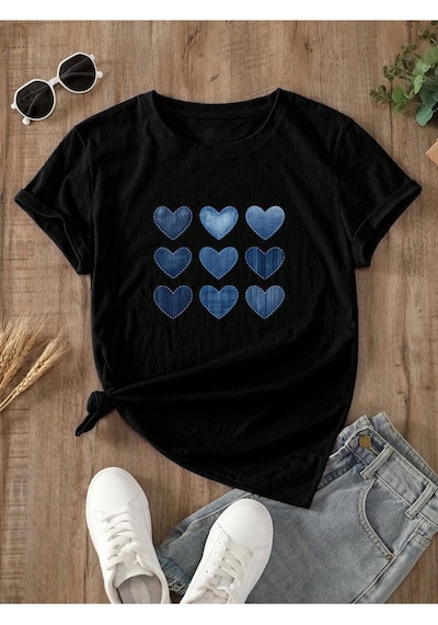 Uyguntarz Unisex Jean Desenli Kalp Tasarım Basklı Tshirt Siyah