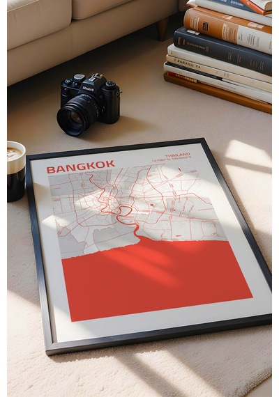 Bangkok Tayland Haritası Çerçeveli Tablo Lüks Salon Ofis Duvar Dekorasyonu Hediyelik Tablo