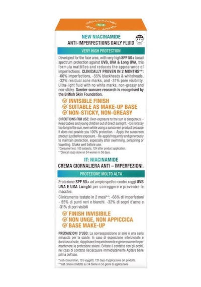 Garnier Ambre Solaire Super Uv Niasinamid Cilt Kusurları Karşıtı Günlük Güneş Koruyucu Fluid Krem SPF50+ 40 ML