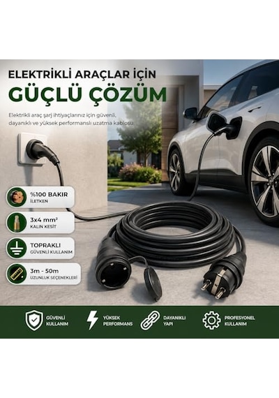 Elektrikli Araç Şarj Uzatma Kablosu,%100 Bakır 3x4 Mm², Topraklı Ev Şarj Ve Güç Uzatma Kablosu, Kalın Kesit Profesyonel Kullanım 10 Metre 0.1 M