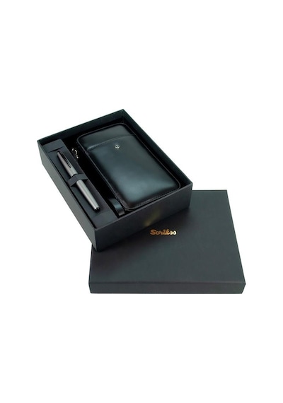 Scrikss Dr 2010-s1 Hakiki Deri El Çantası Siyah & Metropolis 78mg Mat Gri Roller Kalem Seti Siyah