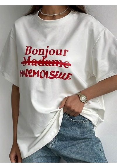 Uyguntarz Unisex Bonjour Paris Baskılı Tasarım Tshirt Beyaz