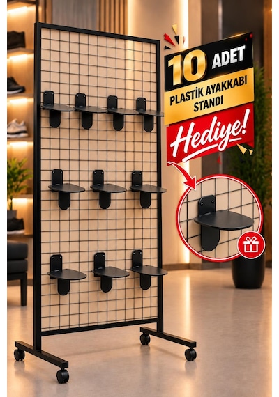 Tekerlekli Sık Telli Tel Raf - Tel Pano Stand, Duvar Askılığı-10 Adet Plastik Ayakkabı Standı Hediyeli 60x120 Cm 60 x 120 CM