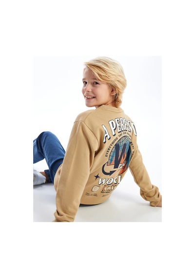 LC Waikiki Lcw Bisiklet Yaka Baskılı Uzun Kollu Erkek Çocuk Sweatshirt Bej