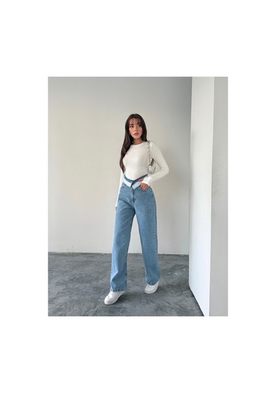 Blue Marlın Kemer Yakalı Tam Kalıp Bol Paça Jeans Buz Kar