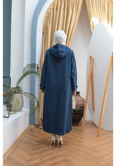 6329-taşlı Denim Kapşonlu Kap Koyu Mavi Koyu Mavi