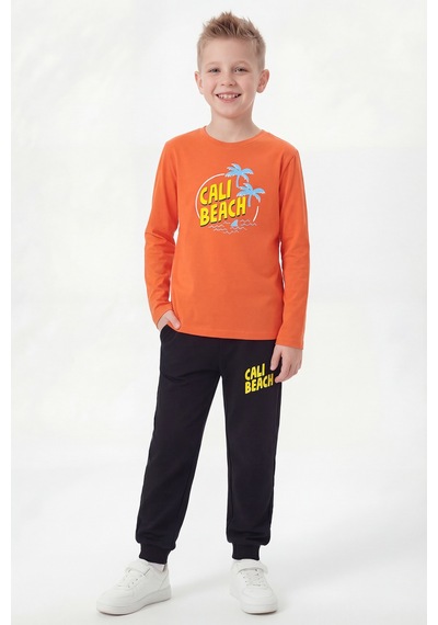 Fyk Kids Yuvarlak Yaka Sweatshirt Paça Lastikli Eşofman Alt Baskılı Uzun Kollu Erkek Çocuk Alt Üst Takım Turuncu
