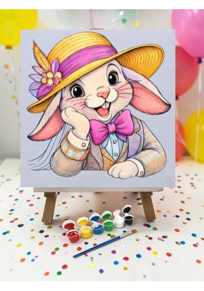 Şapkalı Tavşan Tuval Boyama Aktivite Seti 19x19 Cm Tuval, Şövale, Fırça Ve 6 Renk Akrilik Boya Seti