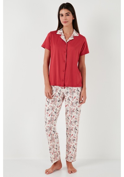 Lela Regular Fit Gömlek Yaka Kısa Kollu Bayan Pijama Takımı 65730101 Kırmızı