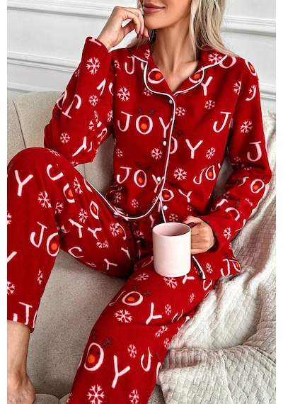 Nisanca Kışlık Yılbaşı Desenli Kadın Gömlek Polar Pijama Takımı- Geyikli Yılbaşı Pijaması Kırmızı