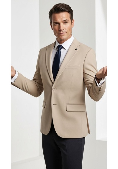 Plus Scorpion Erkek Slim Fit Çift Düğme Çift Yırtmaçlı Blazer Ceket Premium Dokulu Kumaş Bej