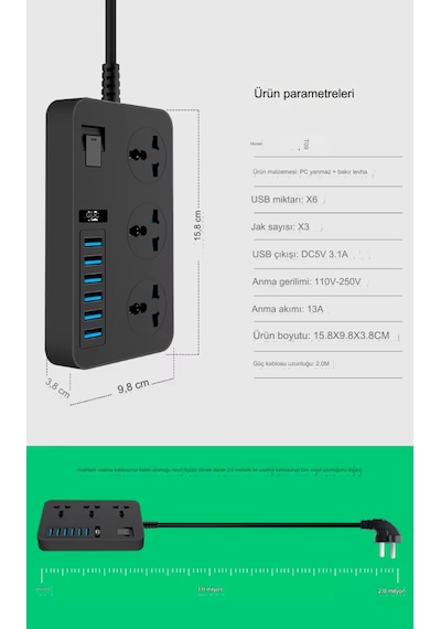 Kontrol Anahtarlı Güç Kaynağı Kartı 3-ac Ve 6 Usb Şarj Portlu