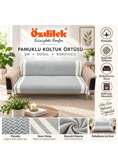 Özdilek Pamuklu Kaymaz Zigzag Koltuk Örtüsü 170x210 - Haki Yeşili Haki Yeşil